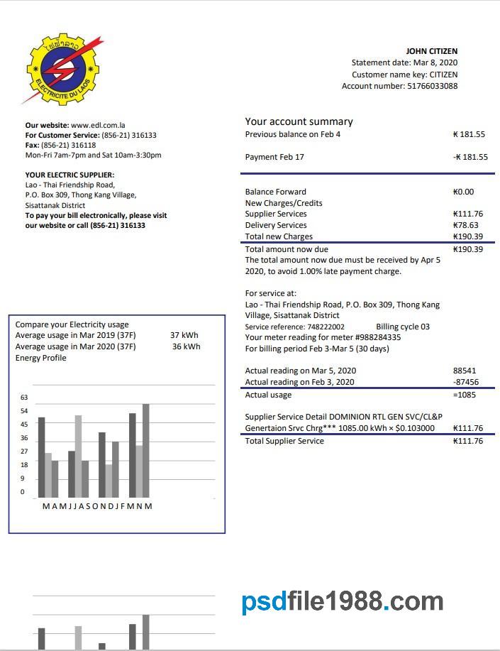 Laos Electricite du Laos Electricity Utility Bill